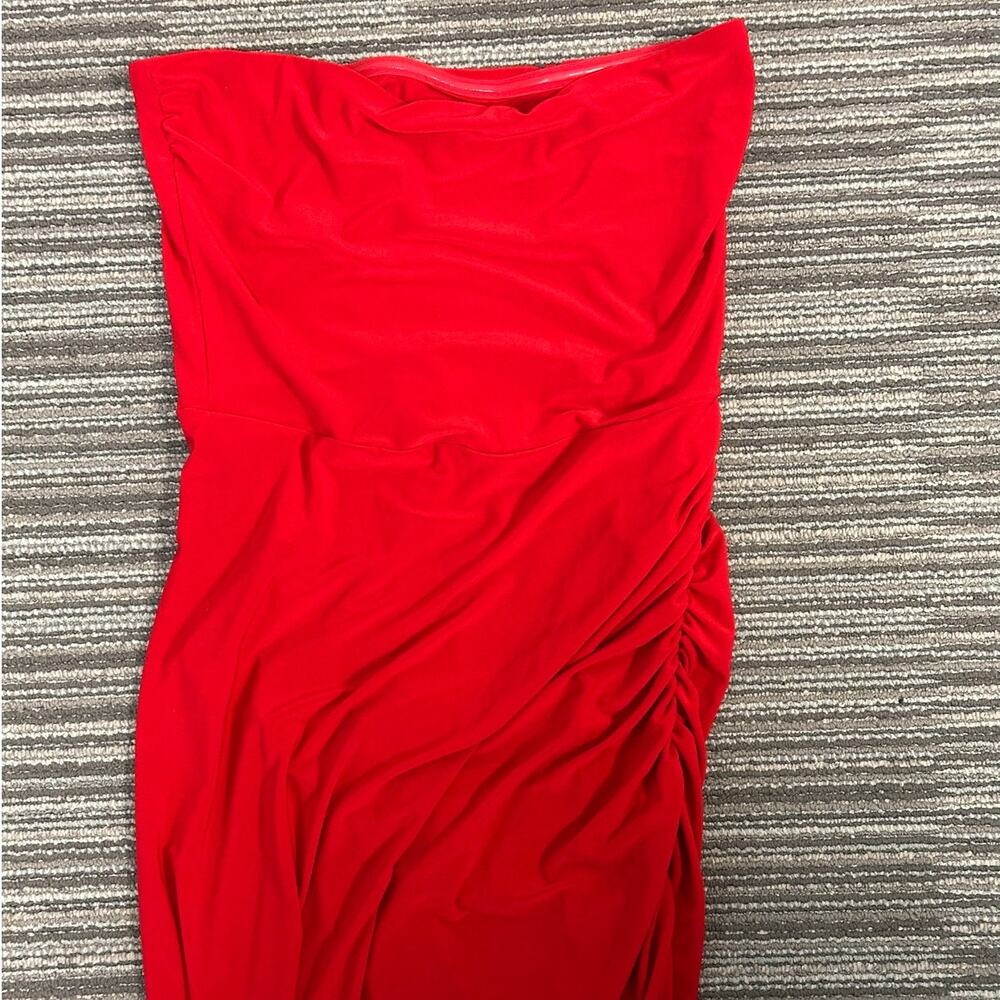 Norma Kamali Red Strapless Side Drape Asymmetrical Ruched Bodycon Gown Sz Medium - Picture 5 of 12
